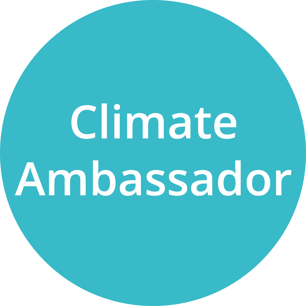 Light blue circle with white text that reads "Climate Ambassador."