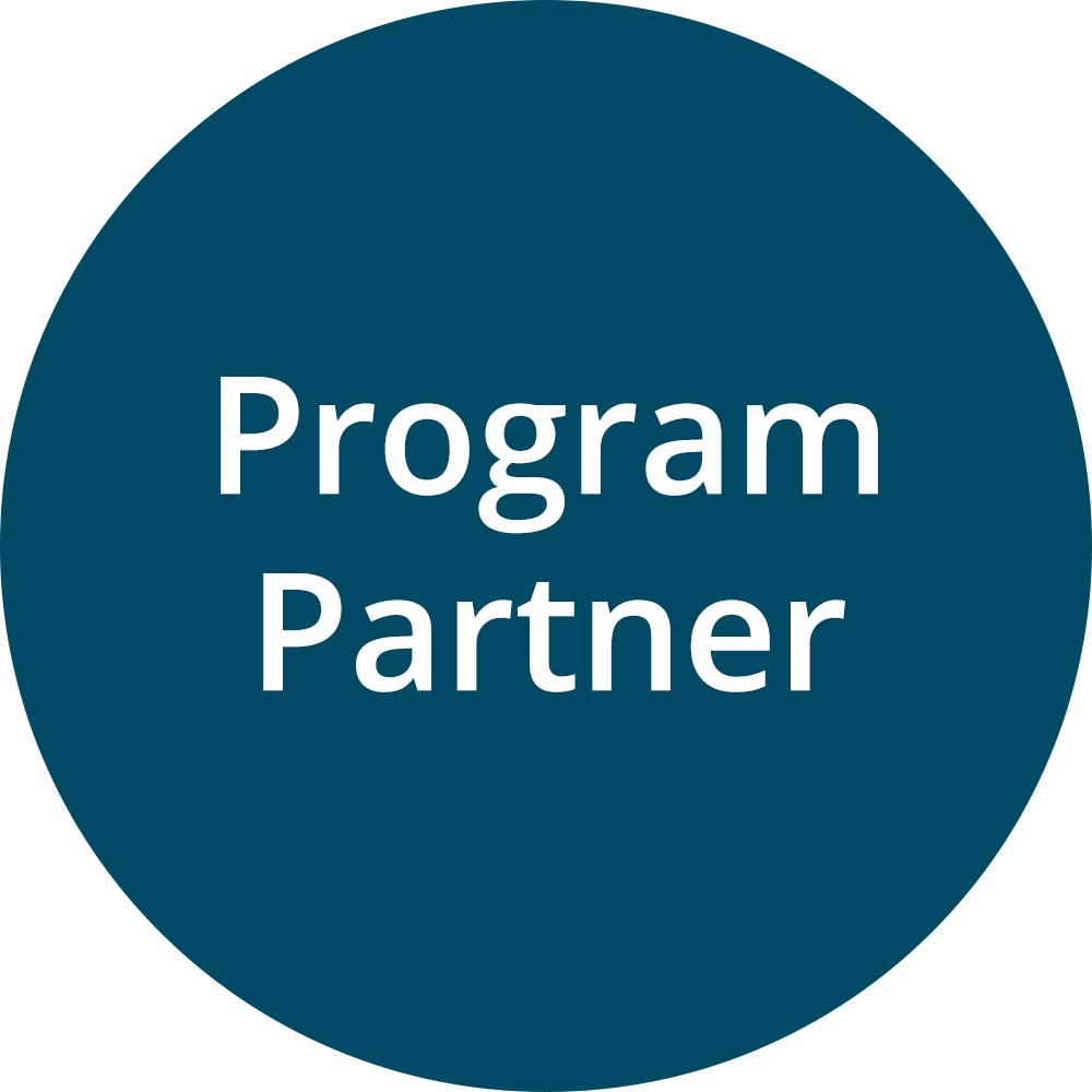 Navy blue circle with white text that reads "Program Partner."